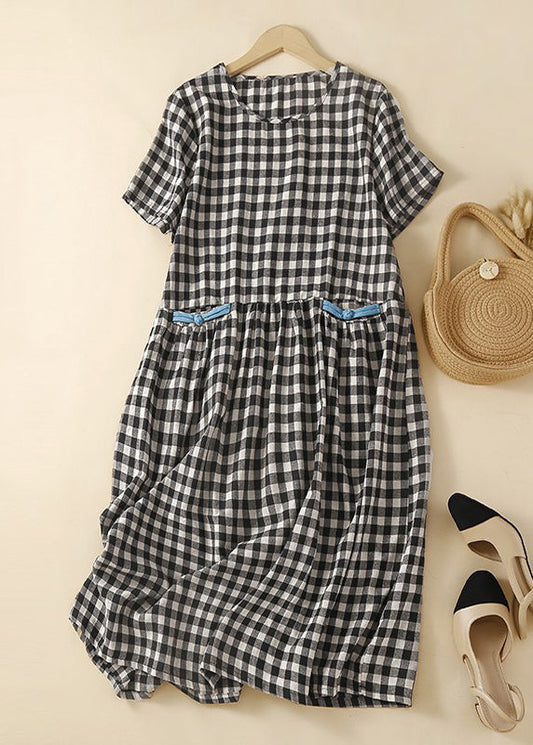 Black Plaid O-neck Patchwork Cotton Mid Dress Summer