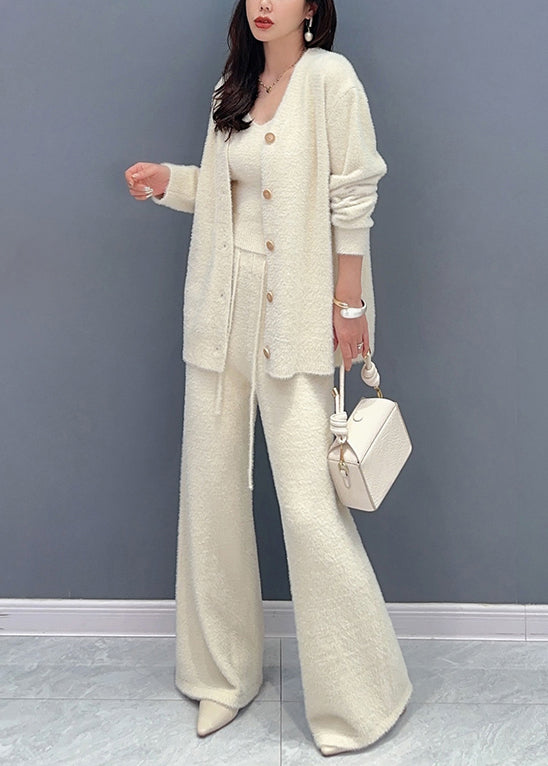 Beige Button Elastic Waist Patchwork Cotton Knit Three Pieces Set Fall