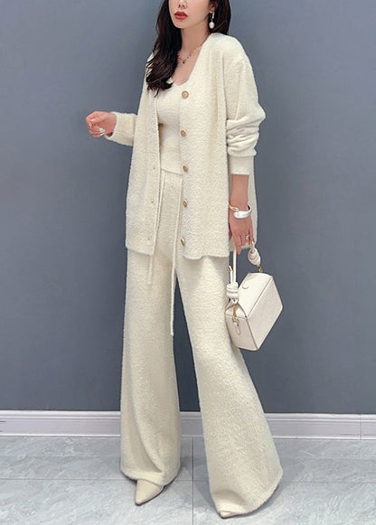 Beige Button Elastic Waist Patchwork Cotton Knit Three Pieces Set Fall