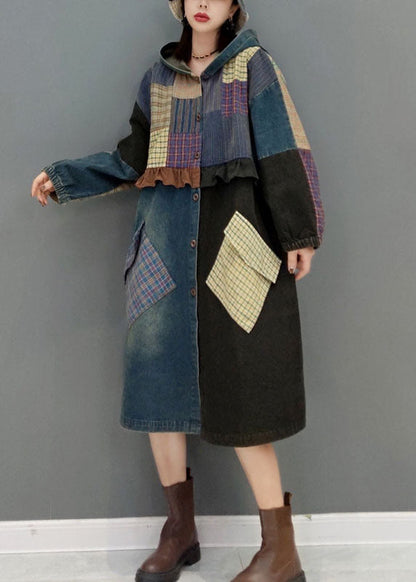 Blue Button Hooded Pockets Patchwork Denim Coats Spring