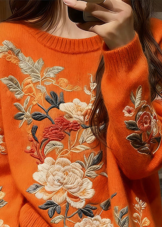 Boutique Orange O Neck Thick Knit Sweaters Winter