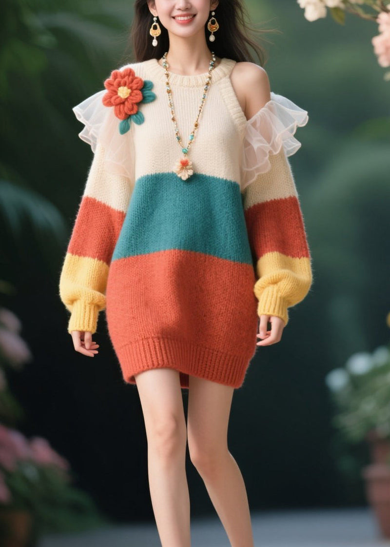 O-neck Cold Shoulder Knit Sweater Dresses Fall