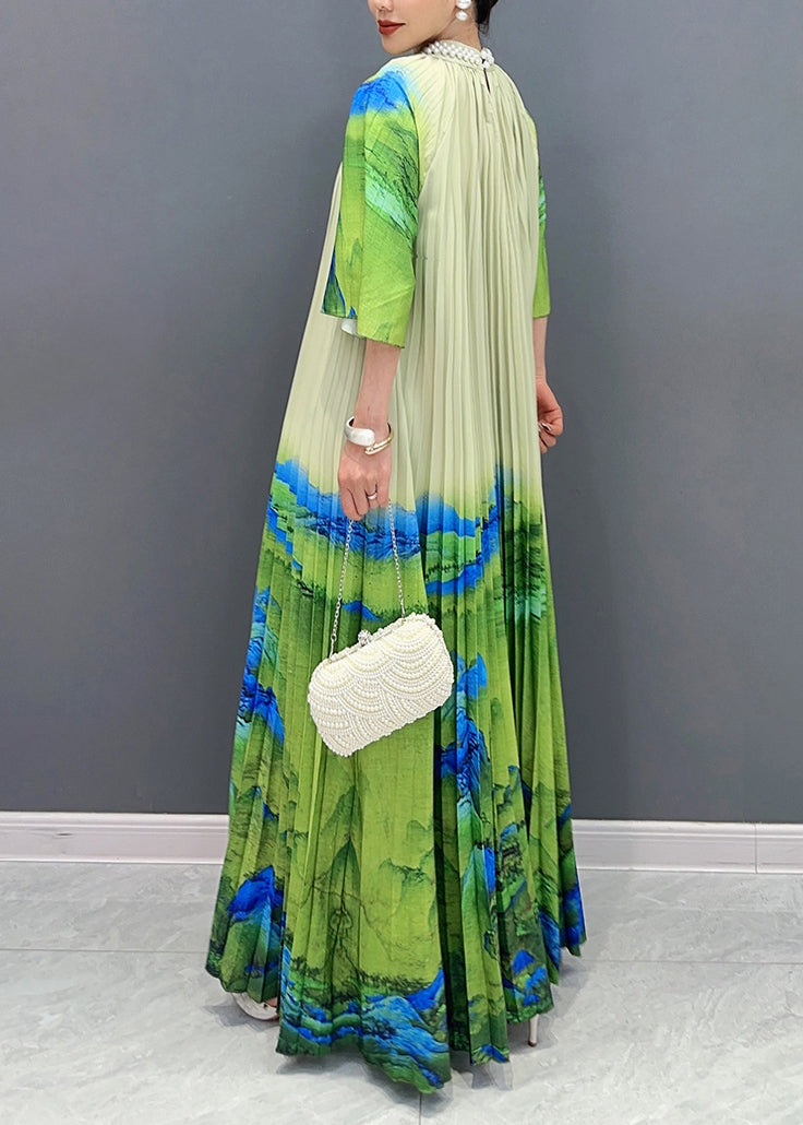 Green Turtleneck Print Tie Waist Maxi Dress Half Sleeve
