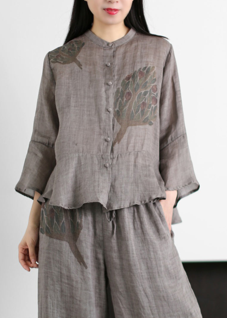 Grey Stand Collar Print Cotton Blend Tops and Wide Leg Pants Two Piece Outfit Flare Sleeve