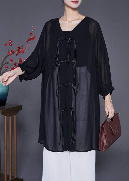 Black Tasseled Chinese Button Chiffon Blouses Bracelet Sleeve