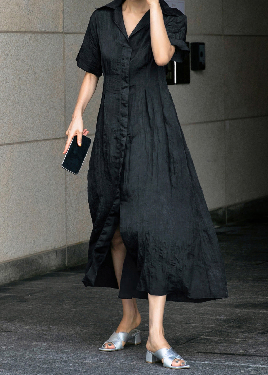 Diy Black Peter Pan Collar Button Tie Waist Shirts Dress Short Sleeve