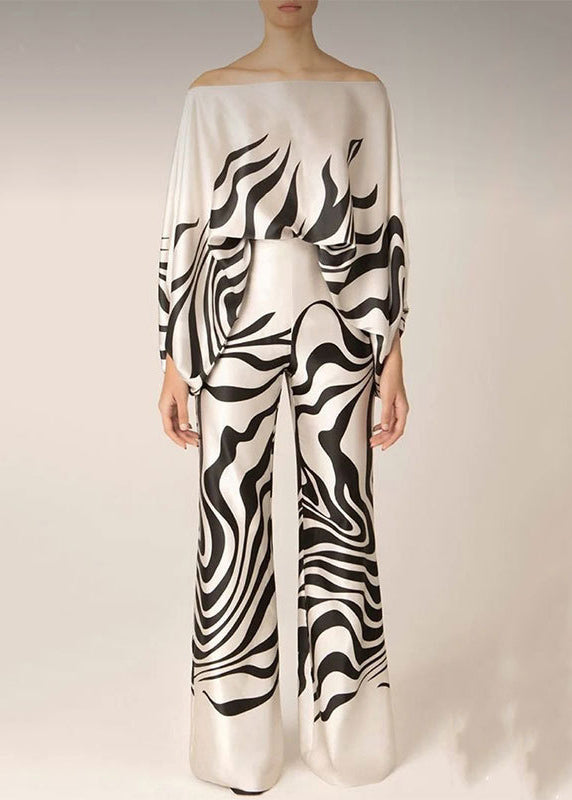 European and American Style Rose Slash Neck Print Silk Two Pieces Set Batwing Sleeve