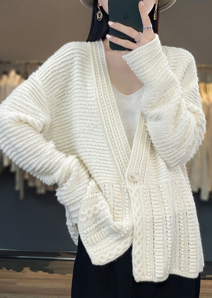 White V Neck Button Woolen Cable Knit Coats Spring