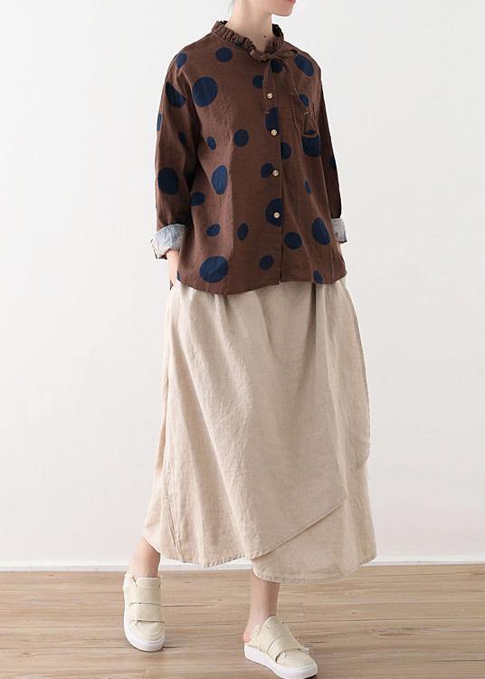 Spring Chocolate Dot Contrast Linen Blouse