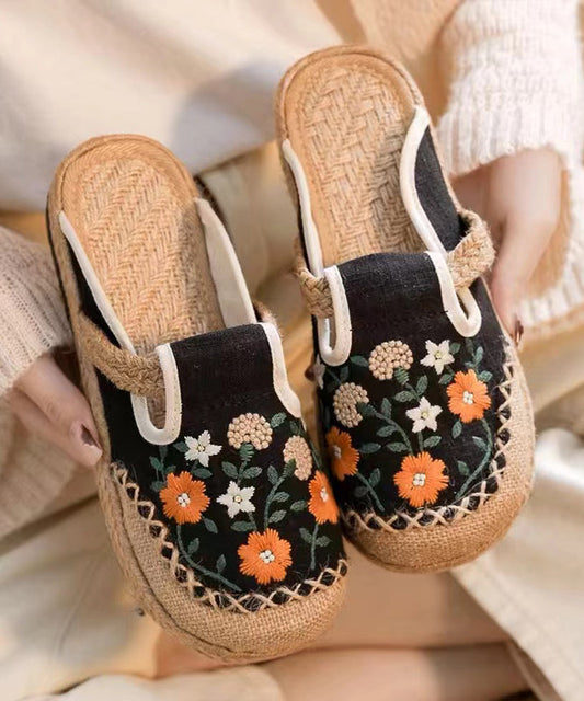 Retro Black Linen Fabric Embroidery Slide Sandals