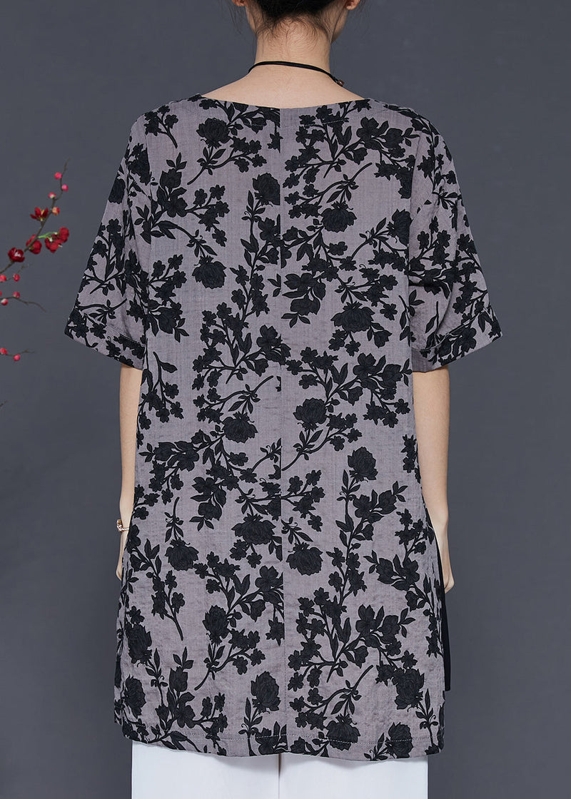 Grey Print Side Open Linen Long Tops Summer