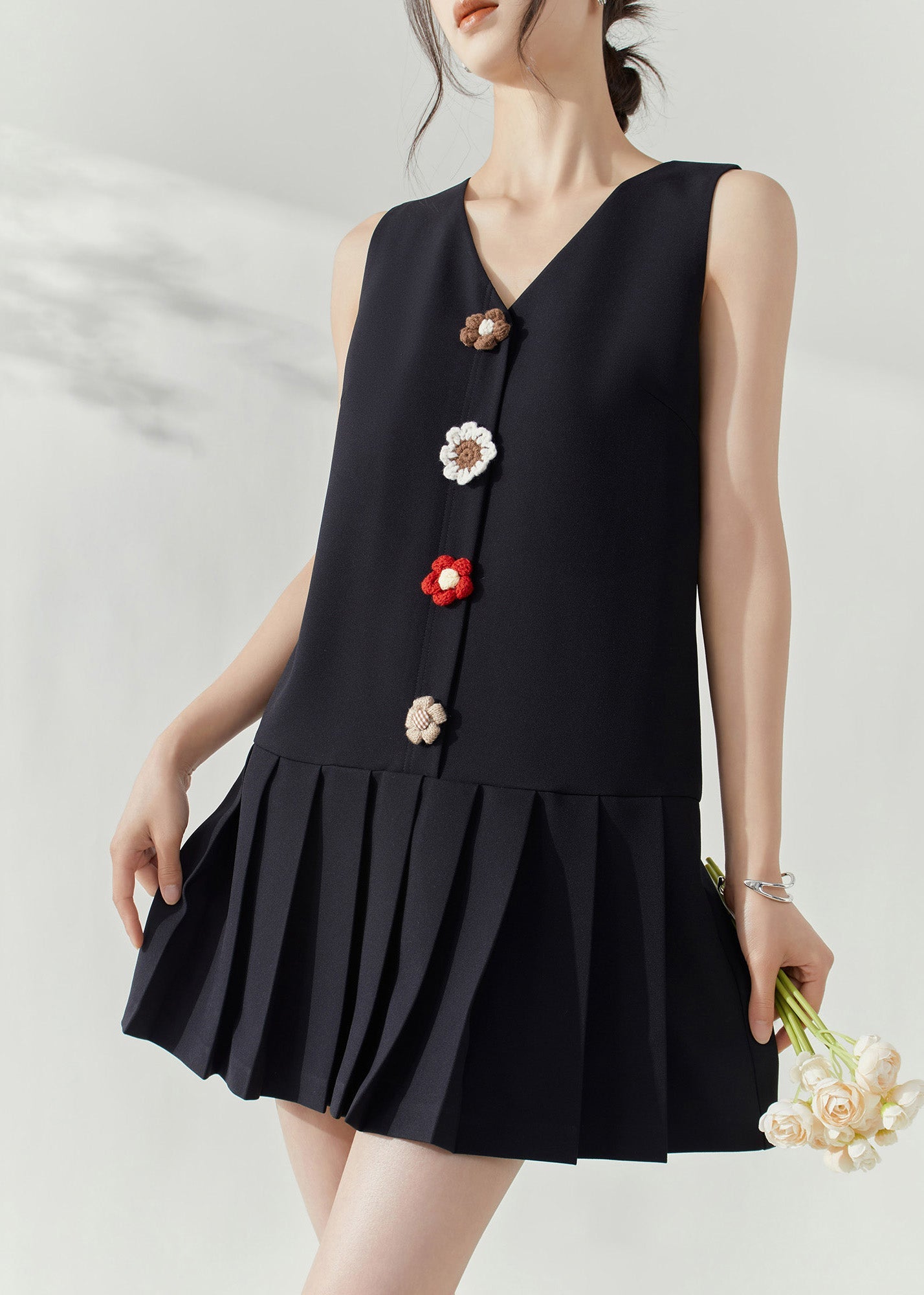 Modern Black V Neck Patchwork Mid Dresses Sleeveless Summer