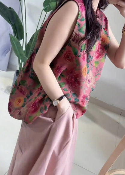 Chinese Style Rose Print Tops and Pink Pockets Pants Cotton Two Piece Set Sleeveless