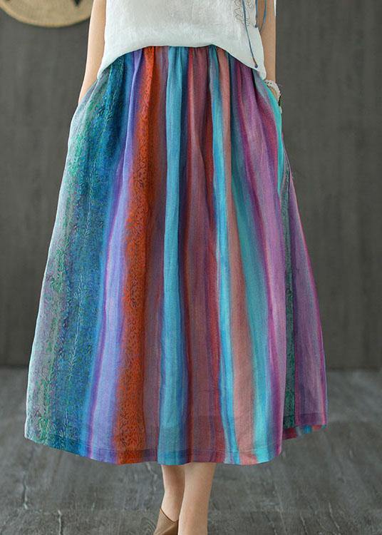 Style Striped Retro Patchwork a Line Skirts Ramie