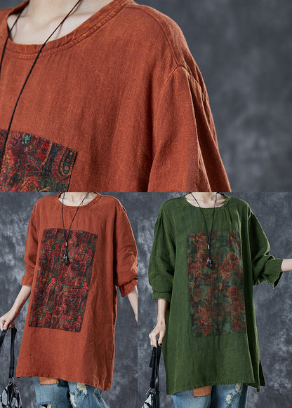 Orange Oversized Print Linen Sweatshirt Fall