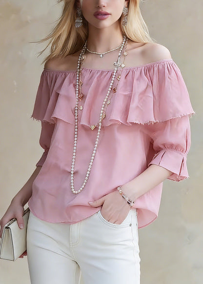 Red Slash Neck Ruffled Patchwork Top Half Sleeve