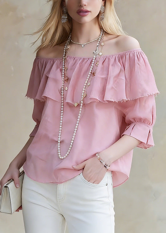 Red Slash Neck Ruffled Patchwork Top Half Sleeve