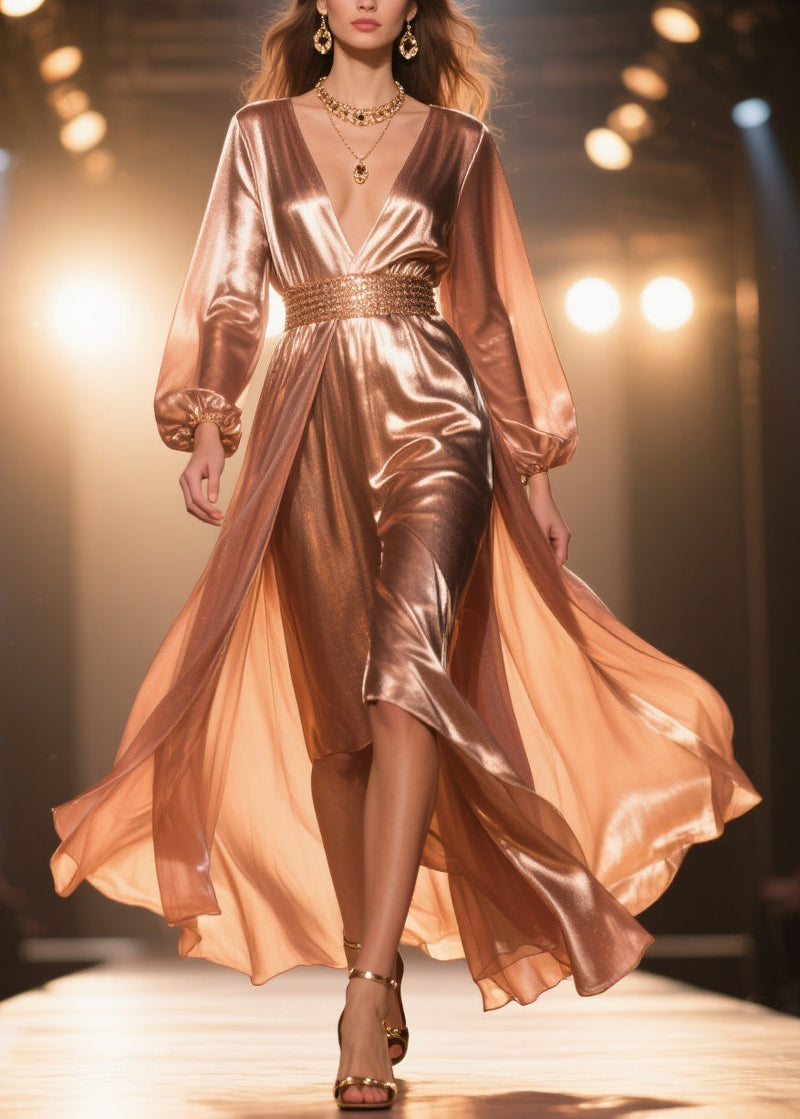 French Rose Gold High Waist Silk Long Dress Spring