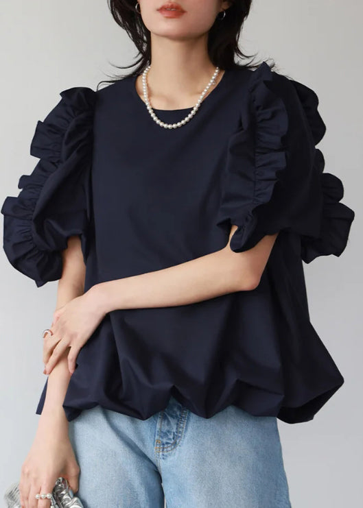 Navy Ruffled Oversized Cotton Tops Puff Sleeve