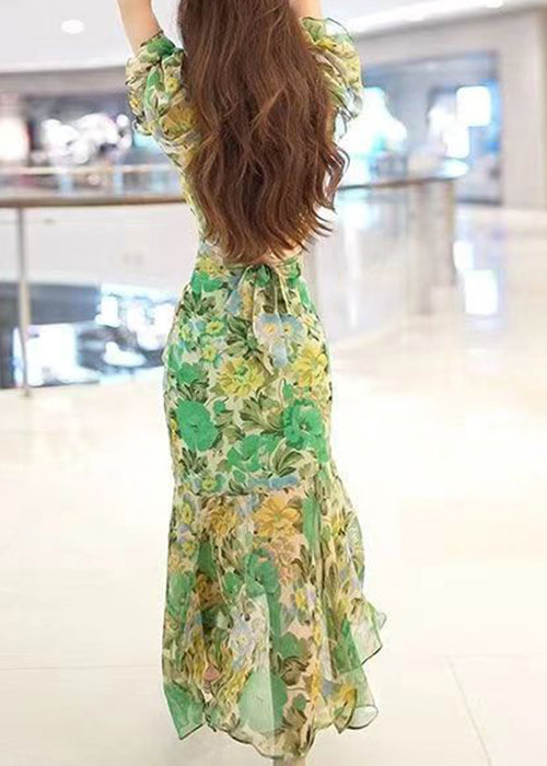 Green V Neck Print Patchwork Chiffon Long Dress Summer