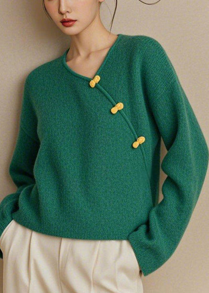 Simple Green V Neck Button Knit Sweater Fall