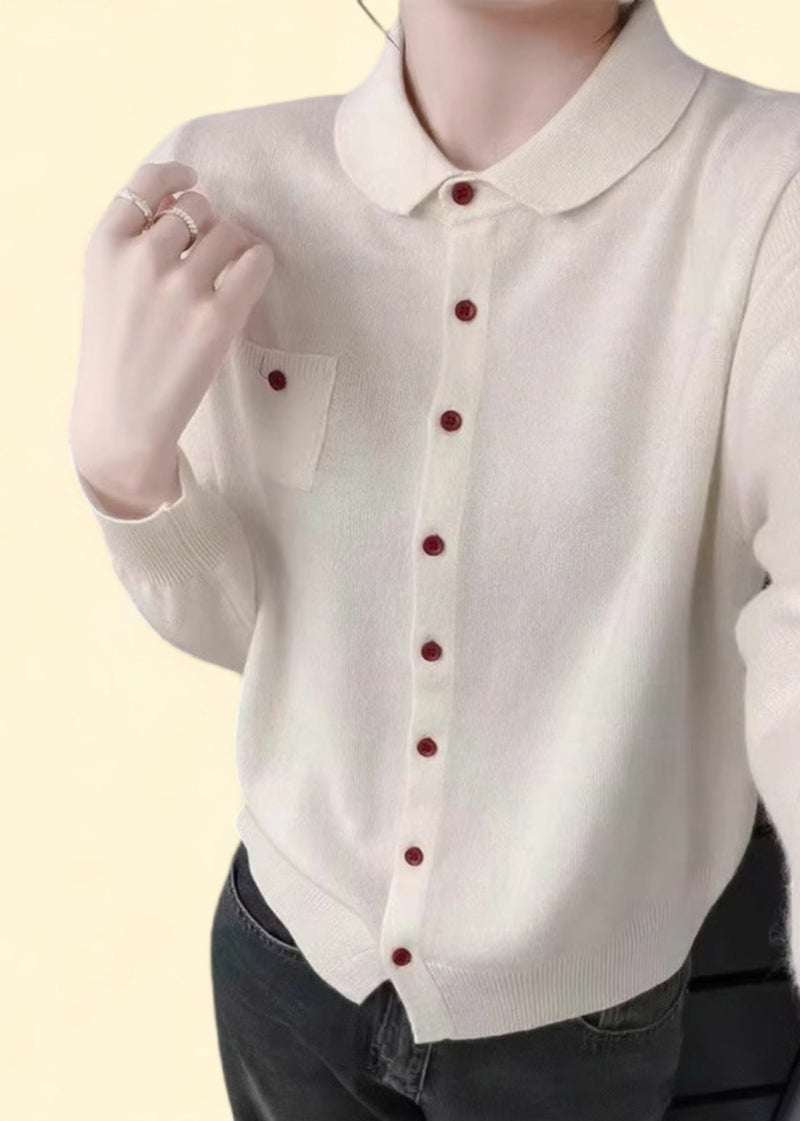 Handmade White Peter Pan Collar Pockets Cotton Knitted Cardigans Fall