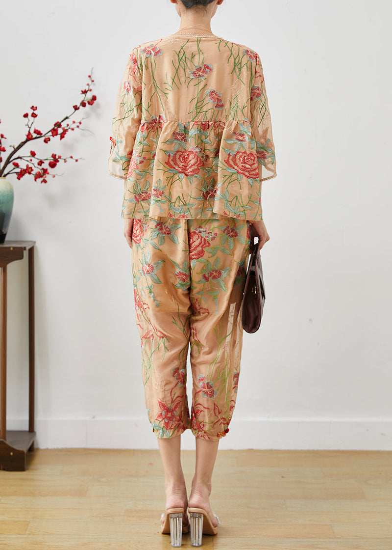 Khaki Embroidered Chinese Button Silk Two Pieces Set Summer