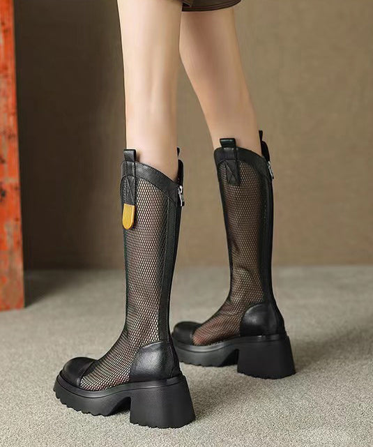 Breathable Tulle Splicing Chunky Boots Black Cowhide Leather