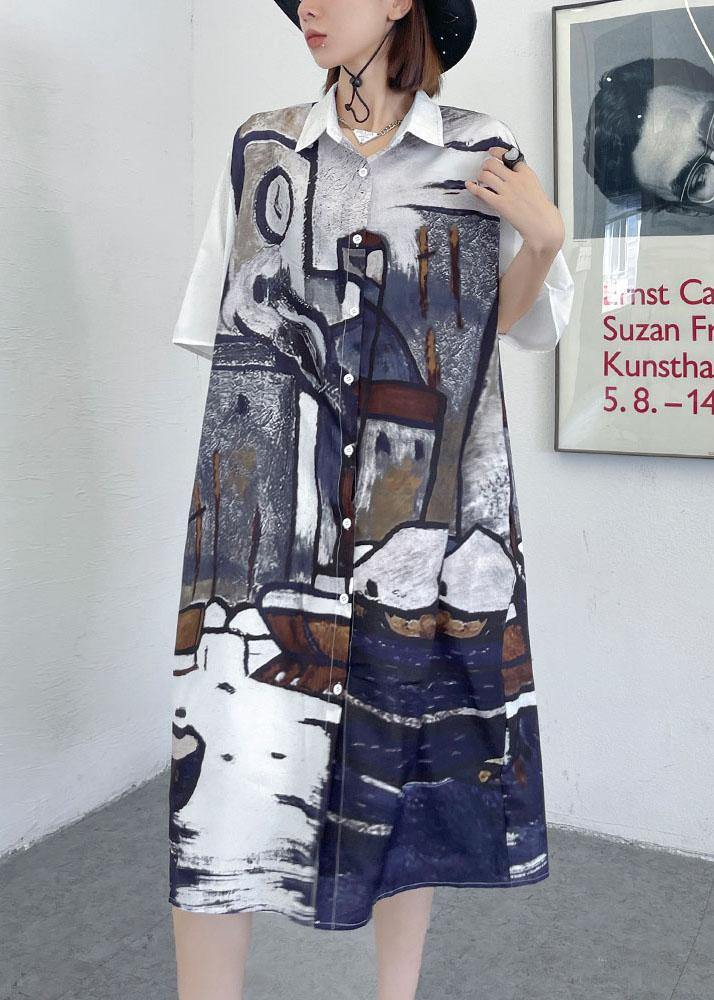 Diy Grey Graphic Peter Pan Collar Button Long Dress Summer