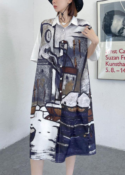 Diy Grey Graphic Peter Pan Collar Button Long Dress Summer