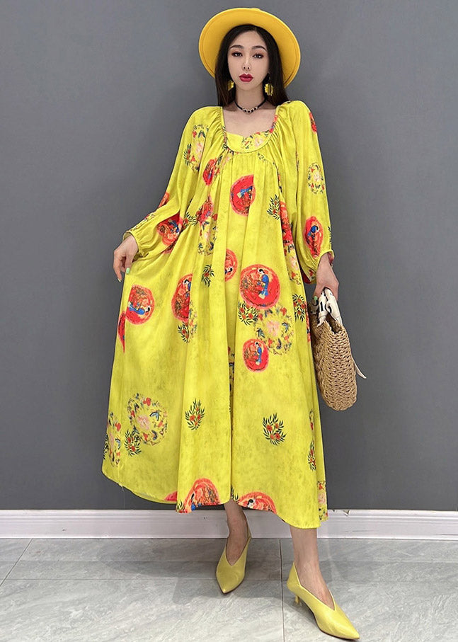 Vogue Yellow O-neck Print Chiffon Dresses Long Sleeve