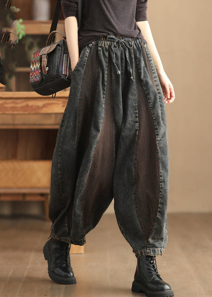 Retro Navy Pockets Patchwork Elastic Waist Crop Lantern Jeans Spring