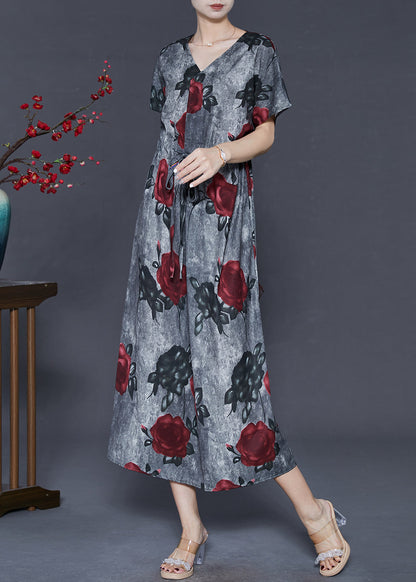 French Grey Tie Dye Cotton Cinched Dress Summer