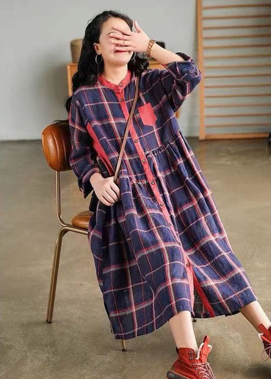 Blue O-neck Plaid Patchwork Shirt Dress Spring