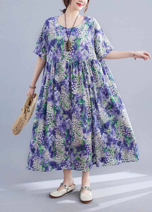 Purple O-neck Print Patchwork Long Dress Short Sleeve