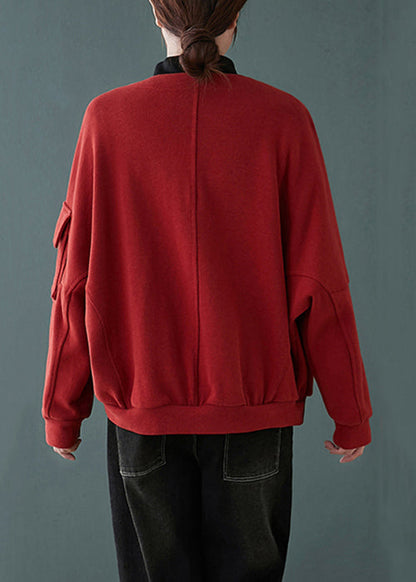 Red V Neck Button Pockets Patchwork Cotton Coats Fall
