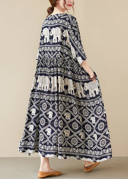 Loose Black O-neck Print Maxi Cotton Dress Half Sleeve Summer