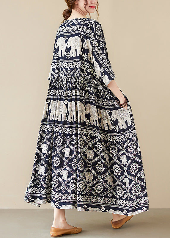 Loose Black O-neck Print Maxi Cotton Dress Half Sleeve Summer