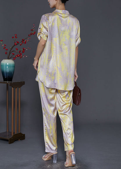 Yellow Peter Pan Collar Print Silk Two-piece Set Fall