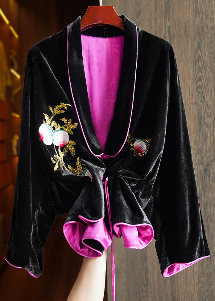 Black Chinese Button Embroideried Silk Velour Coats Long Sleeve