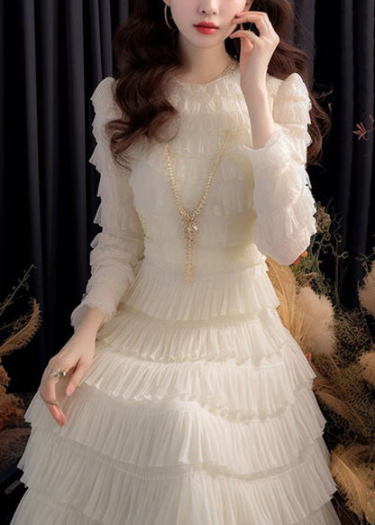 Italian White High Waist Chiffon Dresses Long Sleeve