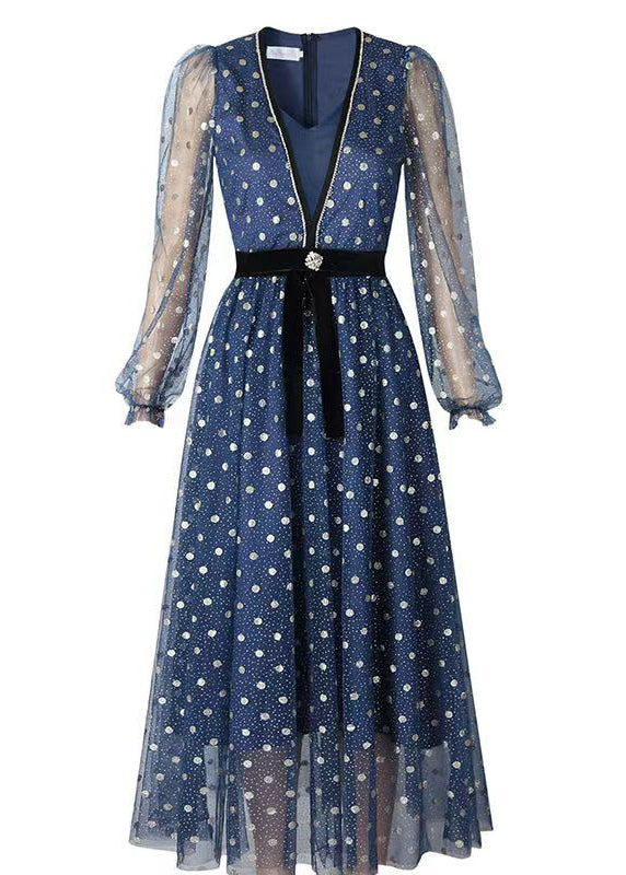 Blue V Neck Print Wrinkled Tulle Dress Long Sleeve