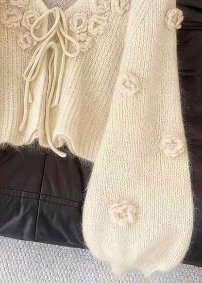 Beige V Neck Lace Up Cozy Knit Cardigan