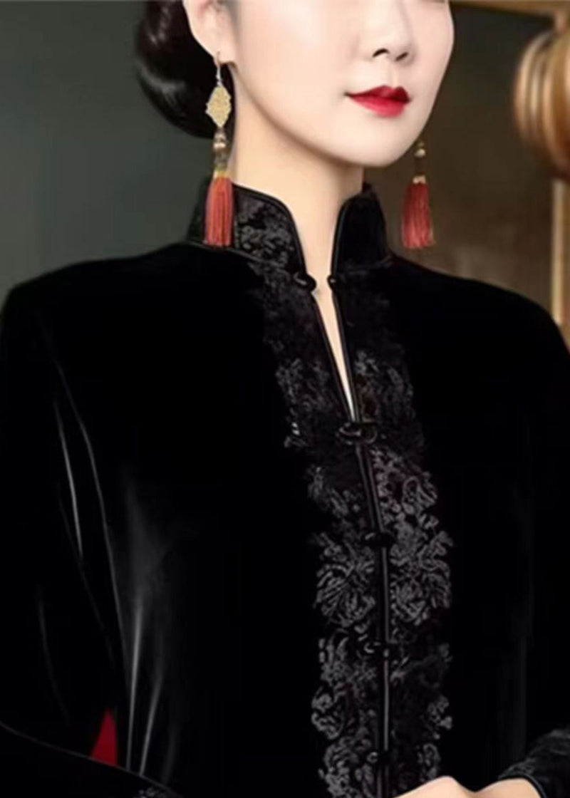 New Black Embroideried Button Fleece Silk Velour Long Dresses Flare Sleeve Fall