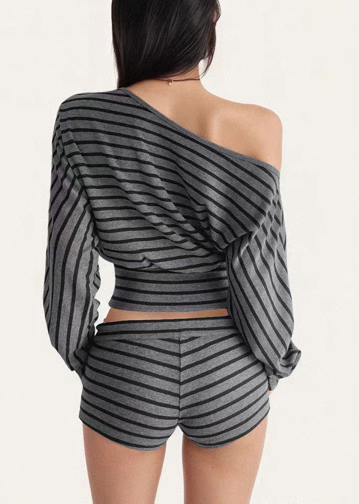 American Style Striped T-shirt Top and Shorts Two-piece Set Autumn