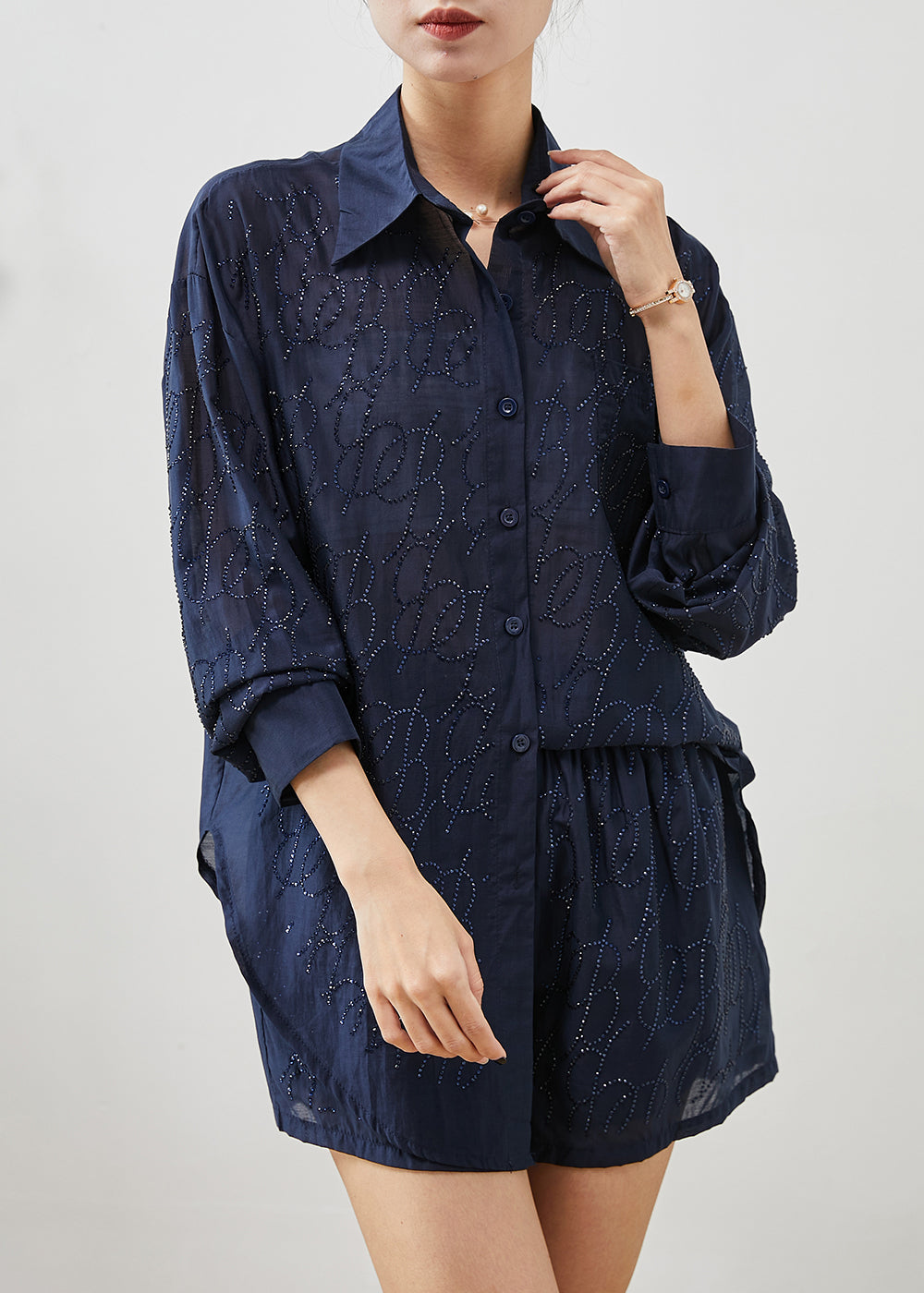 Navy Oversized Zircon Cotton Two Pieces Set Summer