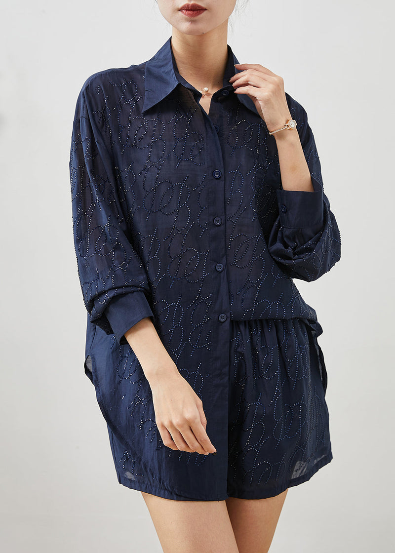 Navy Oversized Zircon Cotton Two Pieces Set Summer