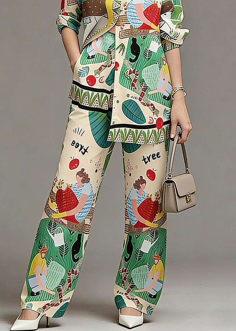 Fine Green Print Shirts and Wide Leg Pants Two Pieces Set Spring