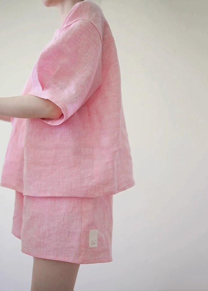 Pink O-neck Button Shirts and Shorts Two Pieces Set Summer