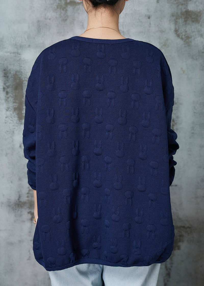 Navy Oversized Jacquard Cotton Pullover Sweatshirt Spring